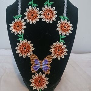 Floral Beaded Necklace with Butterfly Accent